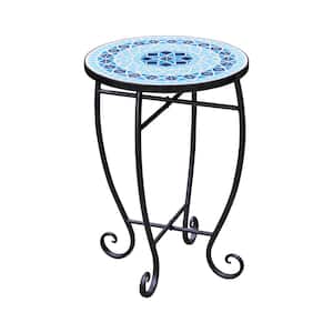 20 in. Blue Round Metal Outdoor Mosaic Patio Side Table Planter Stand