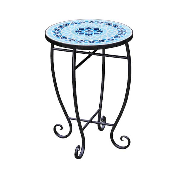 Teamson Home 20 in. Blue Round Metal Outdoor Mosaic Patio Side Table Planter Stand