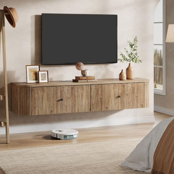 BYBLIGHT Ezlynn Light Brown 55 in. Wall Mounted TV Stand with 2
