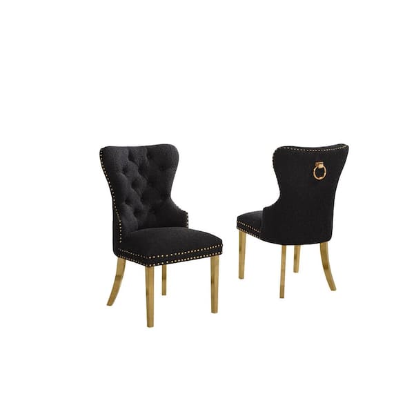 Best Quality Furniture Indira Black Boucle Fabric Side Chair (Set of 2) with Gold Legs