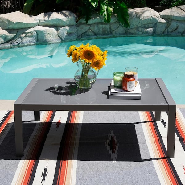 Barton Modern & Contemporary Gray Aluminum Outdoor Coffee Table with Glass Top