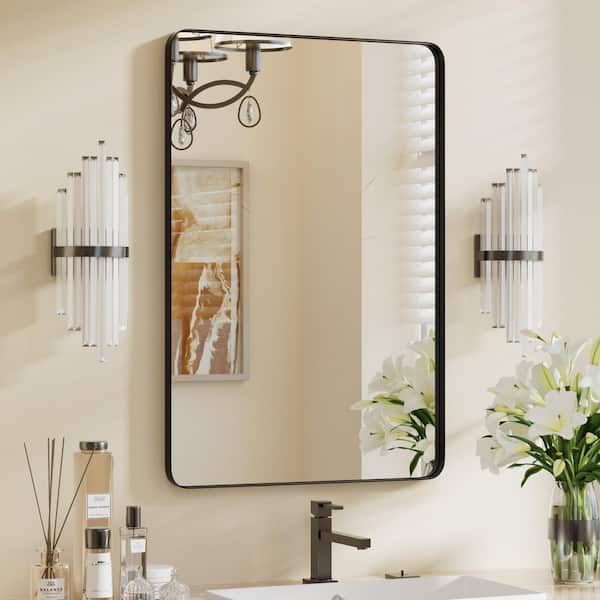 PRIMEPLUS 16 in. W x 24 in. H Small Modern Rectangle Stainless Steel Wall Mirror Bathroom Mirror Vanity Mirror in Brushed Black