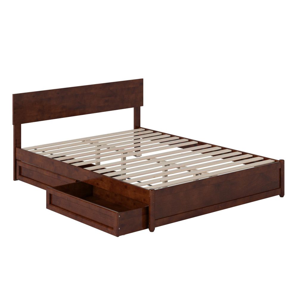 Wesley Walnut Brown Solid Wood Frame Queen Platform Bed with Panel Footboard and Storage Drawers