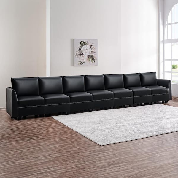 HOMESTOCK 112.8 in Modern 7-Seater Upholstered Sectional Sofa in Black Air Leather - Sofa Couch for Living Room/Office