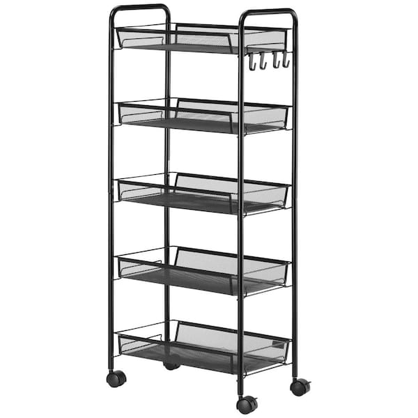 Tileon Black Metal 5-Tier Kitchen Cart on Wheels with Removable Mesh Baskets for Living Room, Laundry, Garage and Bathroom