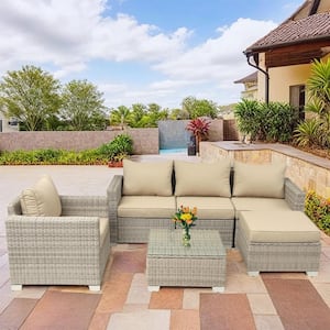 6-Piece Grey Rattan Wicker Patio Conversation Set Outdoor Sectional Sofa Set with Cushions in Field Gray