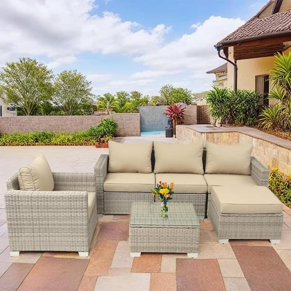 Unbranded 6-Piece Grey Rattan Wicker Patio Conversation Set Outdoor Sectional Sofa Set with Cushions in Field Gray