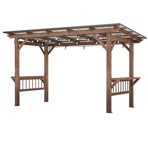 13 ft. x 6.5 ft. Brown Wooden Outdoor Pergola Grill Gazebo with Metal Roof, Bar Counters and Bulbs