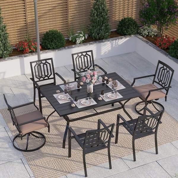 PHI VILLA Black 7-Piece Metal Patio Outdoor Dining Set with Slat Rectangle Table and Fashion Chairs with Beige Cushion