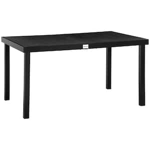 Modern Rectangle Powder-Coated Aluminum Outdoor Dining Table with Waterproof Wood Grain Plastic Slats Tabletop in Black