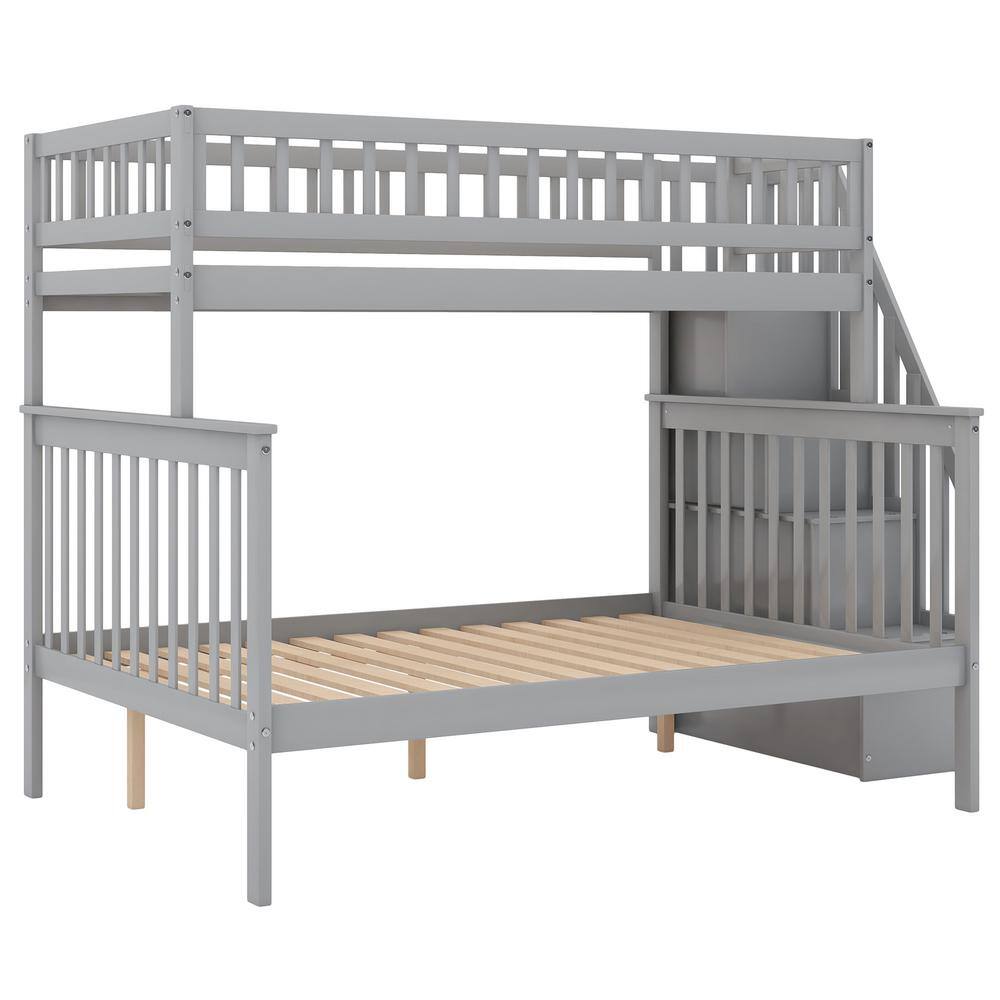 Utopia 4niture Joviana Gray Twin Over Full Bunk Bed with Staircase ...