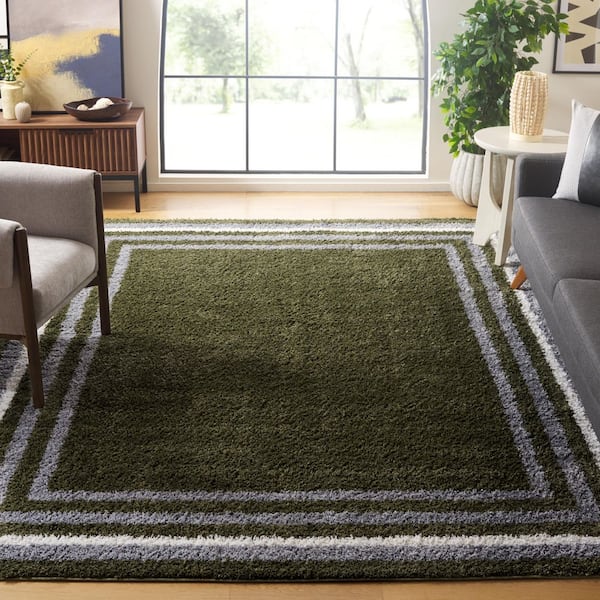 Border and Stripe Shag 7 ft. x 7 ft. Green Concentric Border square Area Rug
