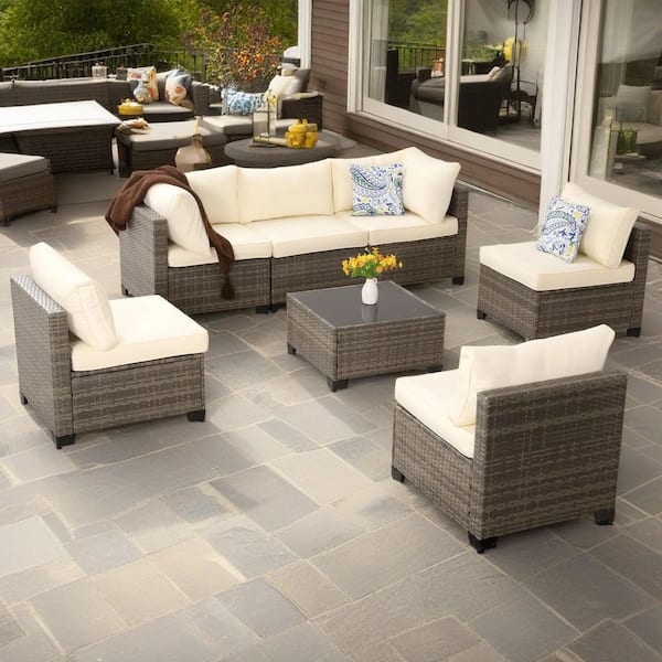 JUSKYS Gray Wicker 7-Piece Modular Outdoor Sectional Patio Furniture Conversation Set w/Beige Cushions 6-Chairs1-CoffeeTable