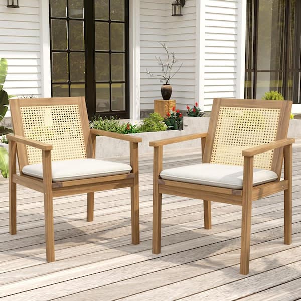 CHRISTOPHER KNIGHT HOME Aspen Outdoor Patio Dining Chairs with Beige Cushions, Cane Rattan Webbing, Acacia Wood, Teak, Set of 2