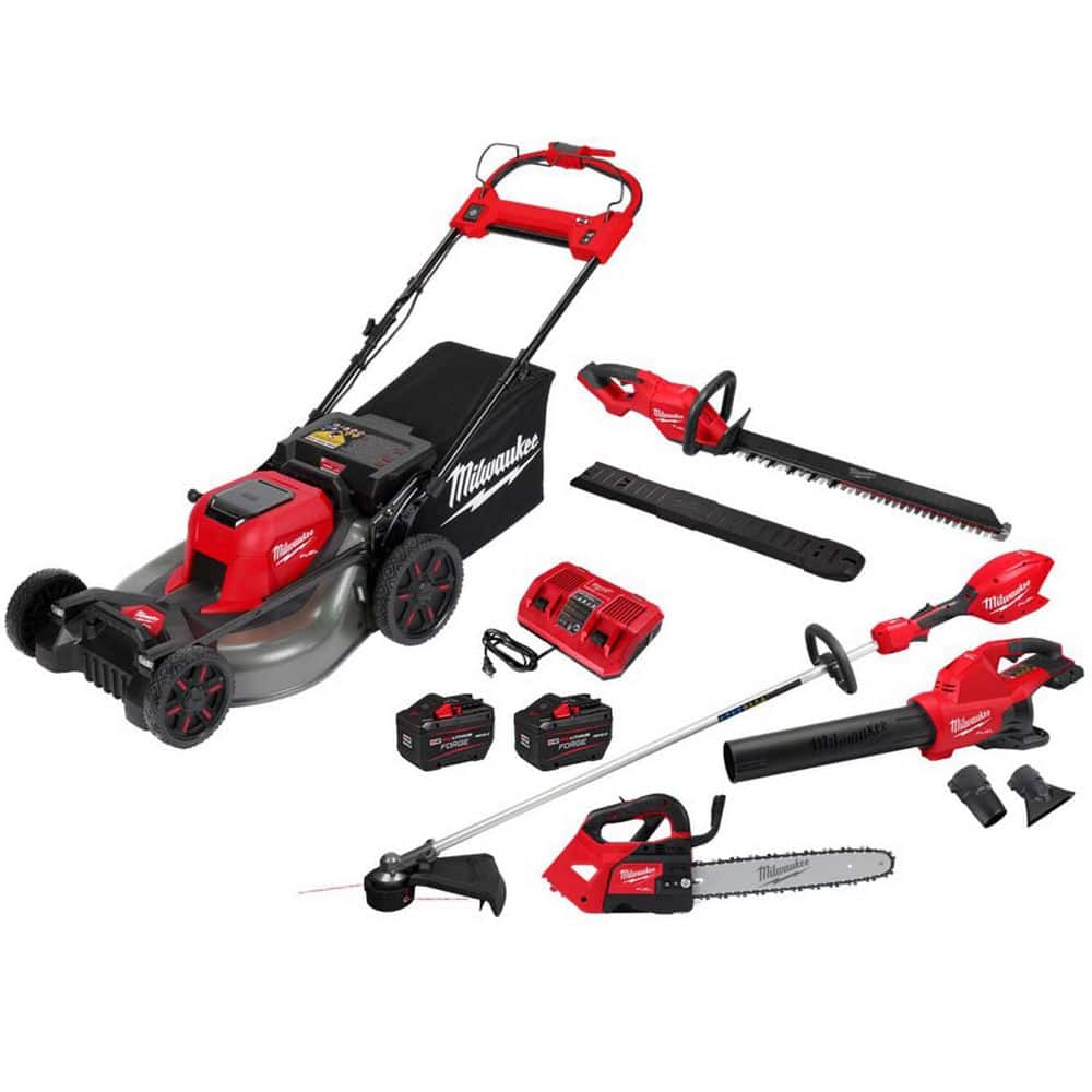 MILWAUKEE M18 FUEL 21 in Dual Battery Self-Propelled Mower w Blower, String Trimmer, Top Handle Chainsaw, (2) Batteries, Charger (2823-22HD-28)