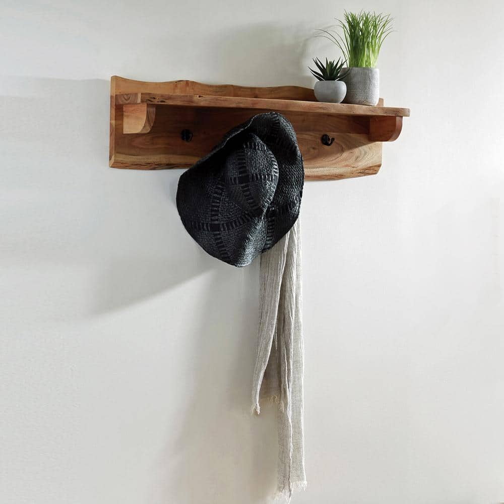 Alpine Natural Acacia Live Edge Coat Hooks with Shelf
