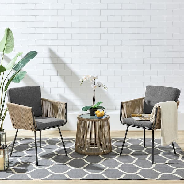 Barton 3-Pieces Outdoor Rattan Wicker Patio Furniture Set with Gray Cushioned Armrest Chairs and Coffee Table