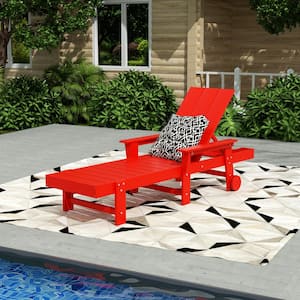 Shoreside Red Fade Resistant All Weather HDPE Plastic Outdoor Adjustable Backrest Chaise Lounge Arm Chair with Wheels