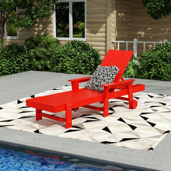 Shoreside Red Fade Resistant All Weather HDPE Plastic Outdoor Adjustable Backrest Chaise Lounge Arm Chair with Wheels