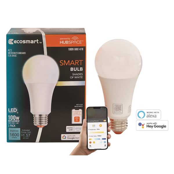 EcoSmart 100-Watt Equivalent Smart A21 Tunable White CEC LED Light Bulb  with Voice Control (1-Bulb) Powered by Hubspace 12A21100WCCT001 - The Home  Depot