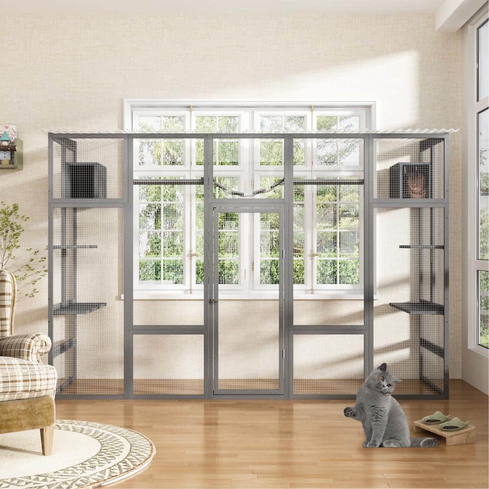 Gray Pine and PVC Large Outdoor Cat Enclosure