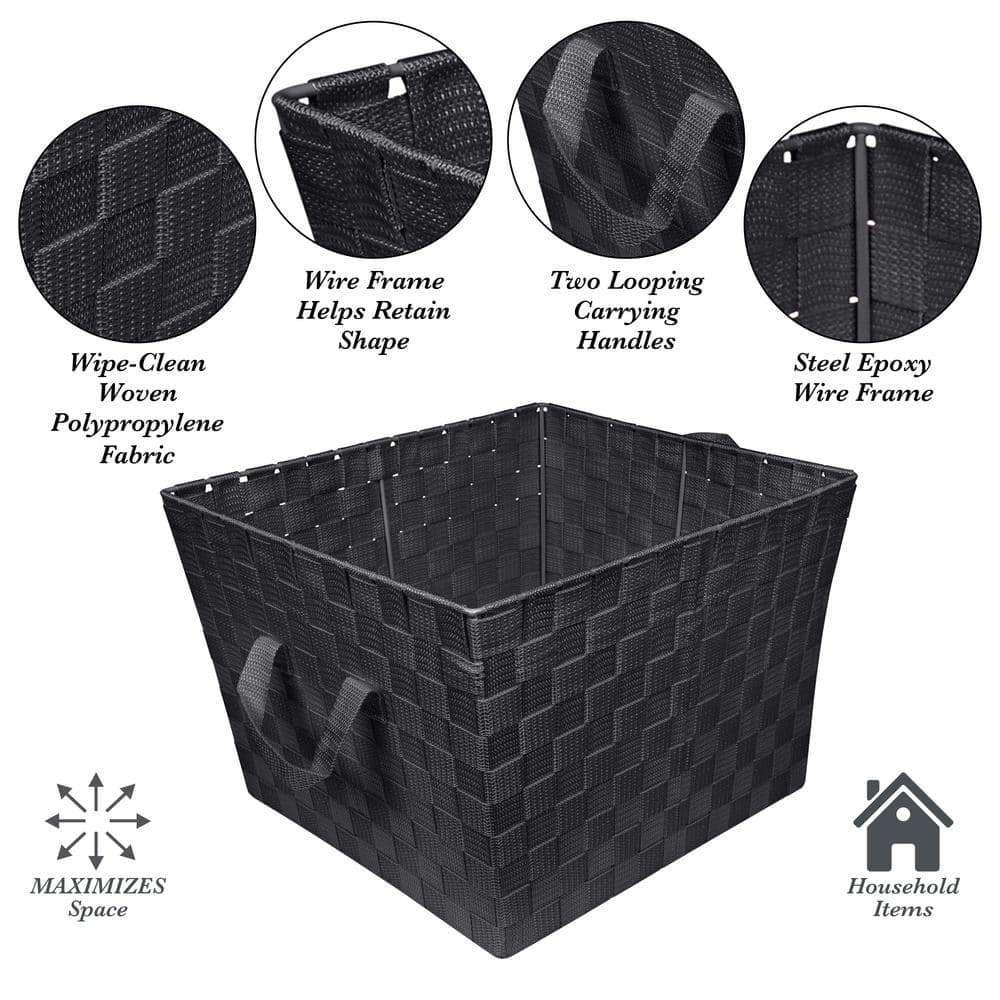 Large Black Woven Polypropylene Storage Tote with Strap Handles