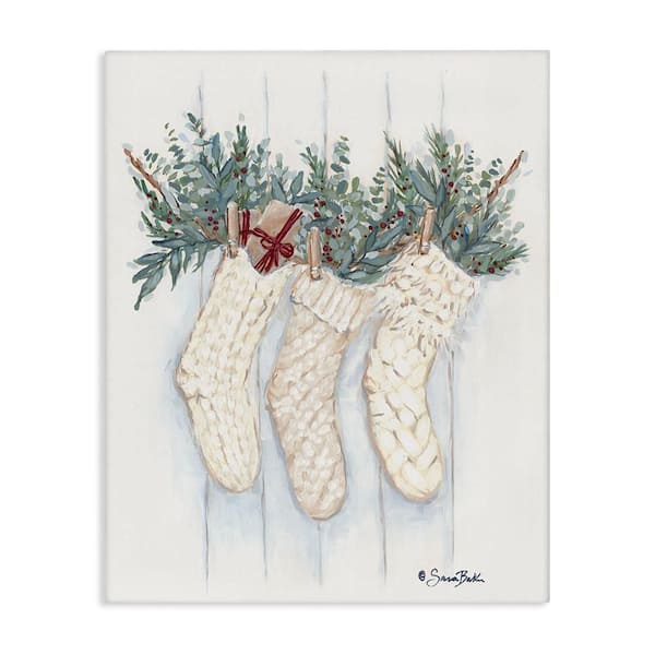 Hanging White Knit Stockings Festive Holly Detail by Sara Baker Unframed Graphic Art Print Nature 20 in. x 16 in.