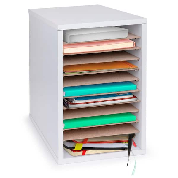 AdirOffice Wood 11 Compartment Vertical Paper Sorter Literature File Organizer, White