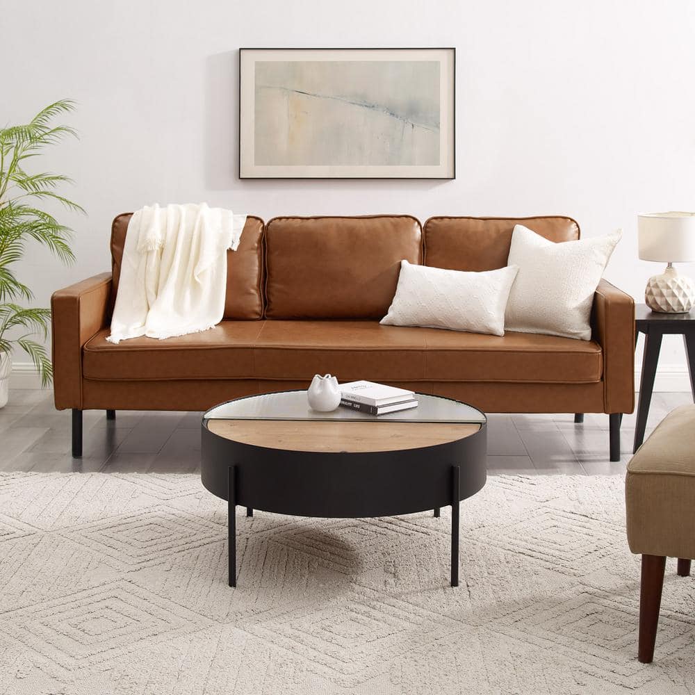 33'' Black English Oak and Fluted Glass Round Coffee Table
