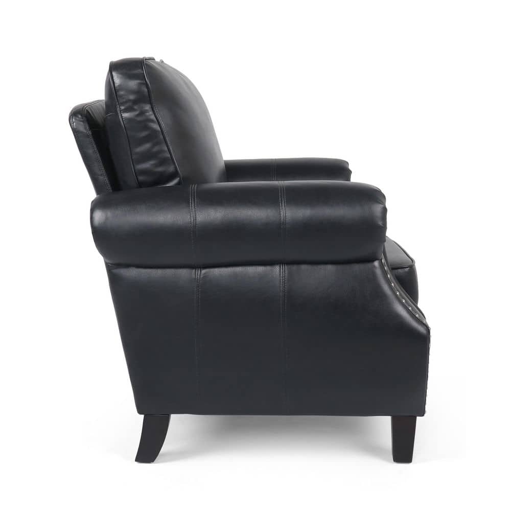 Midnight Black Faux Leather Club Chair with Dark Brown Birch Wood Legs