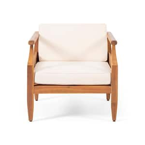 Wooden outdoor patio club lounge chair for patio garden with beige cushions