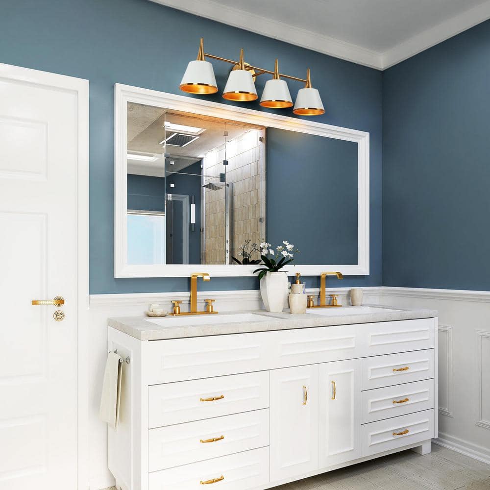 Idaikos 29" Polished Gold and White 4-Light Vanity Light Bar