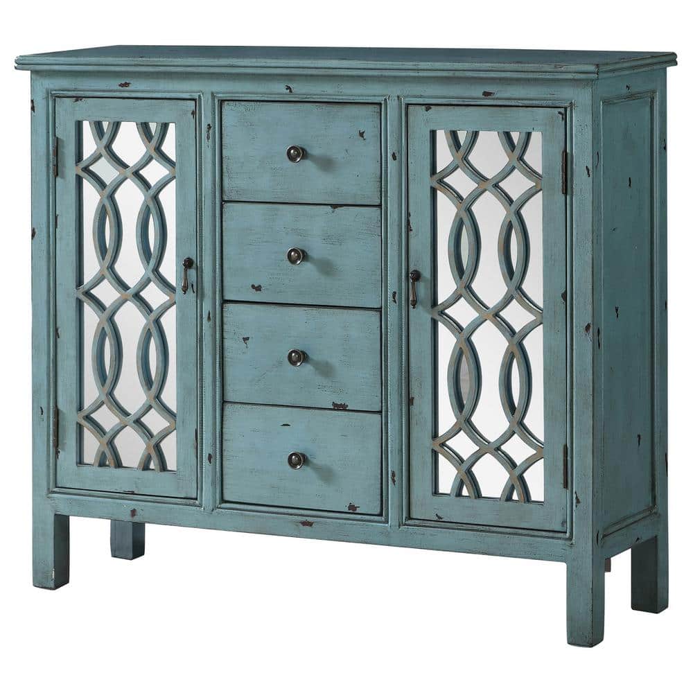Antique Blue Wooden Accent Cabinet with Mirrored Doors