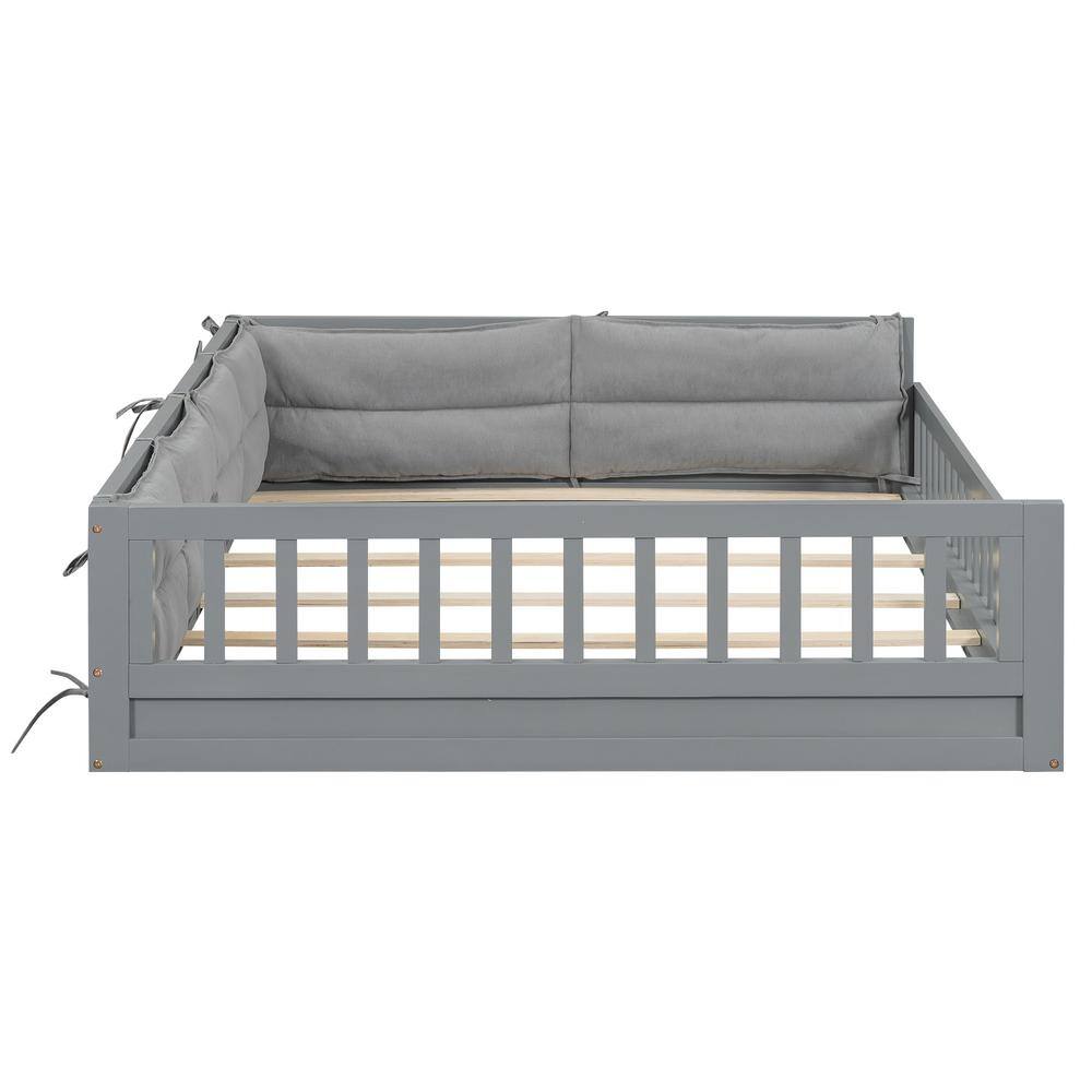 Gray Wood Frame Full Size Platform Bed with Pillows and Guardrails - thumbnail 6
