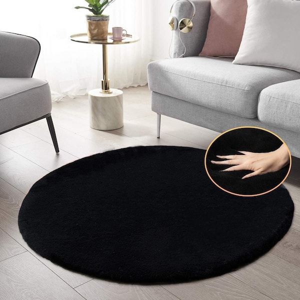 Mmlior Black 4 ft. x 4 ft. Soft Faux Rabbit Fur Round Area Rug