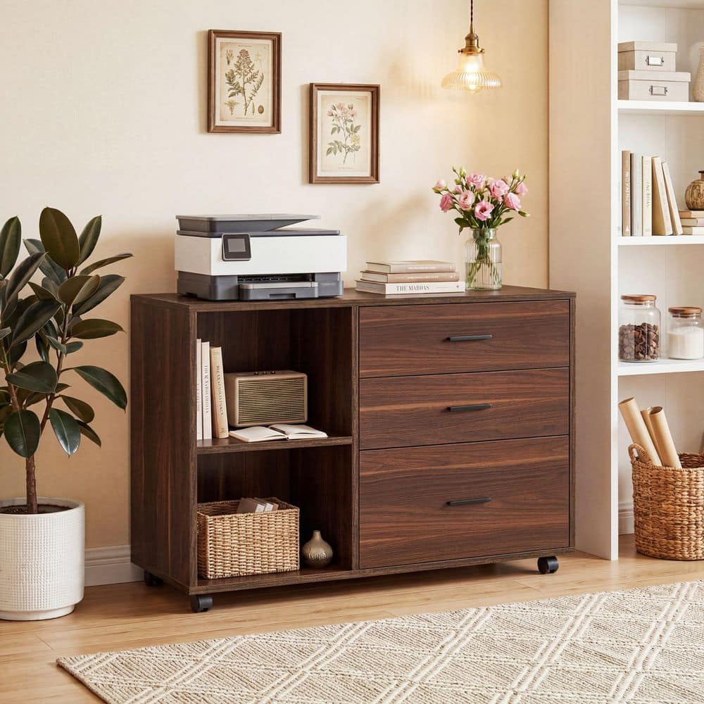 Atencio 3-Drawer Walnut Engineered Wood 39.4 in. W Lateral File Cabinet with Shelves and Wheels for Legal/Letter/A4 Size