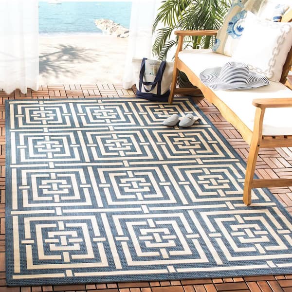 Courtyard Navy/Beige 9 ft. x 12 ft. Geometric Indoor/Outdoor Patio  Area Rug