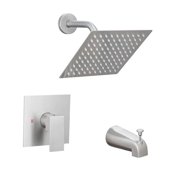 Single Handle 1-Spray Wall Mounted Tub and Shower Faucet 1.8 GPM 8 in. Shower System in Brushed Nickel Valve Included