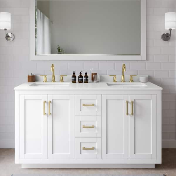 Wyndham Collection Miranda 60 in. W x 22 in. D x 33.75 in. H Double Bath Vanity in White with White Quartz Top and 58 in. Mirror