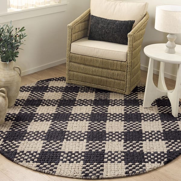 Natural Fiber Couture 6 ft. x 6 ft. Black/Beige Check Round Rug
