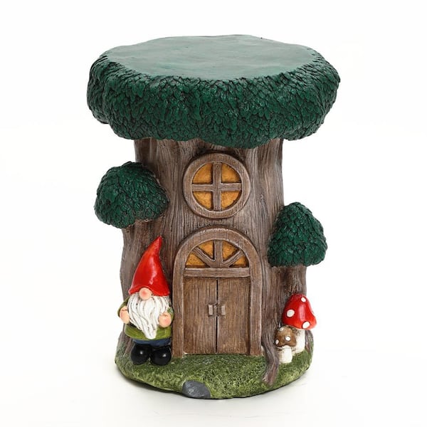 12.6 in. Round Resin Indoor and Outdoor Gnome Tree Stump Sculpture End Table