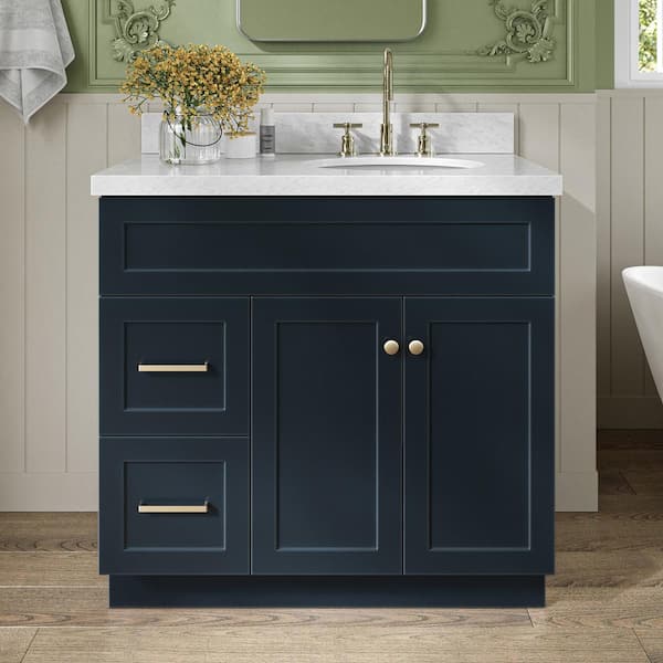 ARIEL Hamlet 37 in. W x 22 in. D x 36 in. H Bath Vanity in Midnight Blue with White Carrara Marble Vanity Top