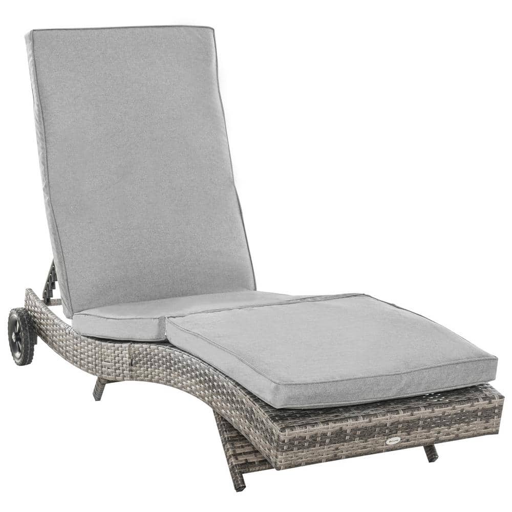 Gray Wicker Outdoor Chaise Lounge, Patio Sun Lounger with 5-Level Adjustabl