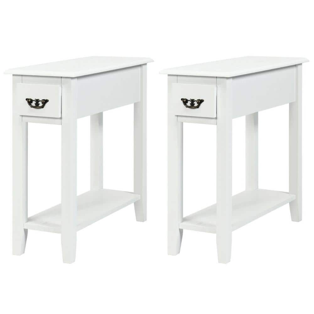 Set of 2 Narrow 2-Tier Side Tables with Drawer and Open Shelf