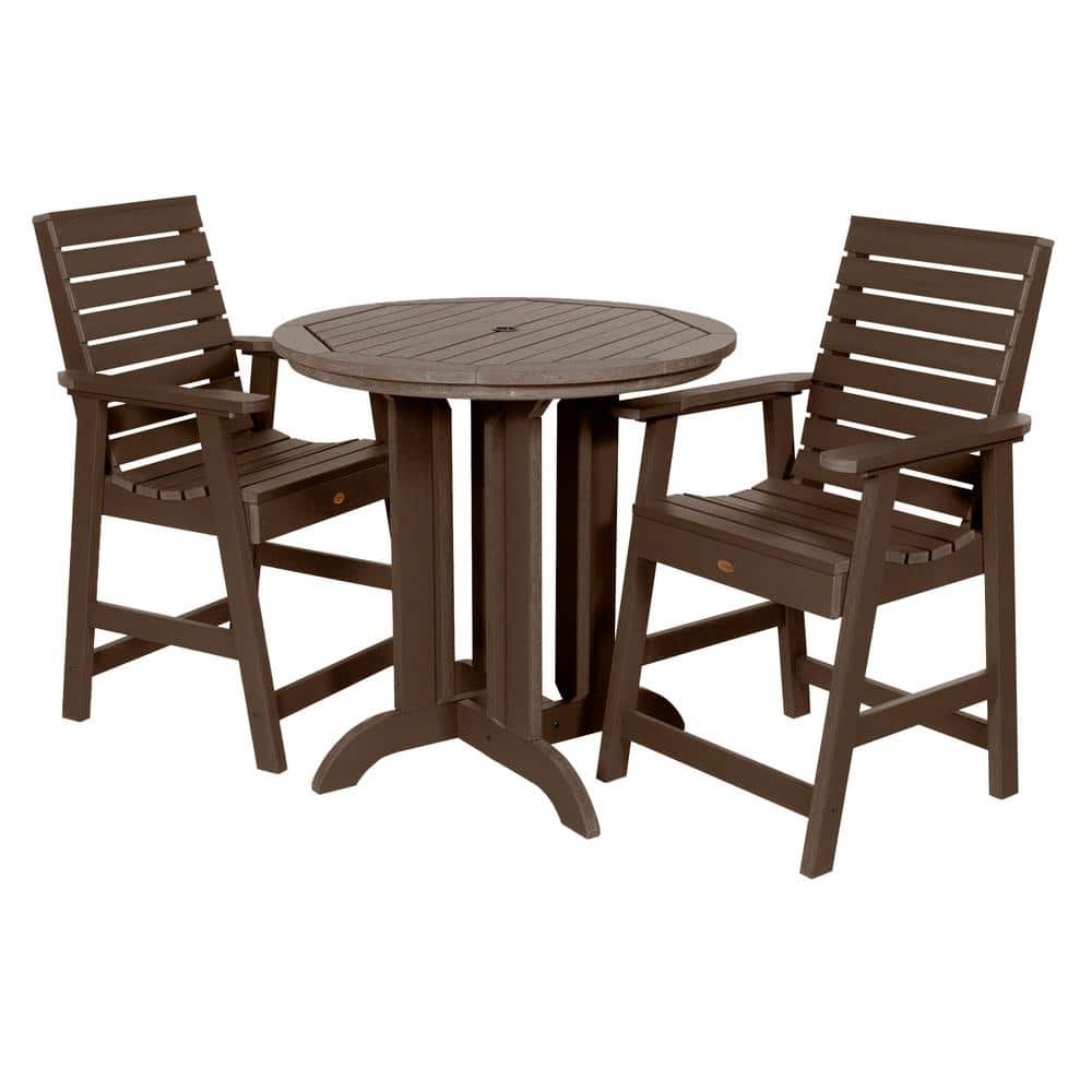 Highwood Weatherly Weathered Acorn 3-Piece Recycled Plastic Round Outdoor Balcony Height Dining Set -  AD-CNW36-ACE