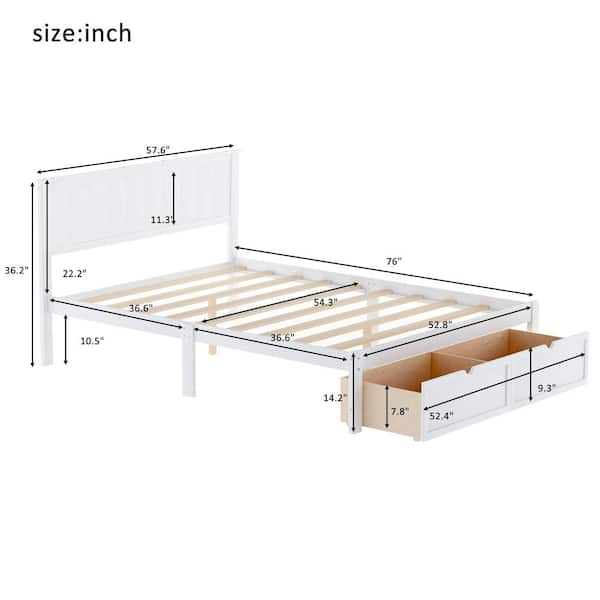 URTR 57 in.W White Wood Frame Full Size Bed with Storage Drawers