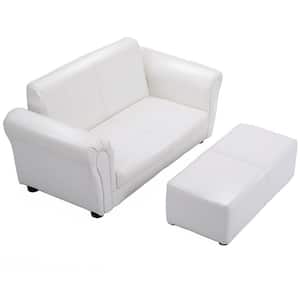 White Faux Leather Upholstery Kids Arm Chair Kids Sofa Couch Lounge with Ottoman