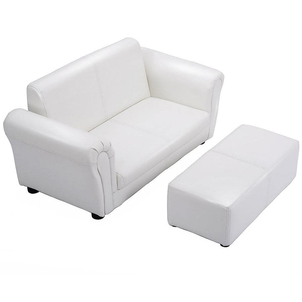 White Faux Leather Kids Armchair with Ottoman and Wood Frame