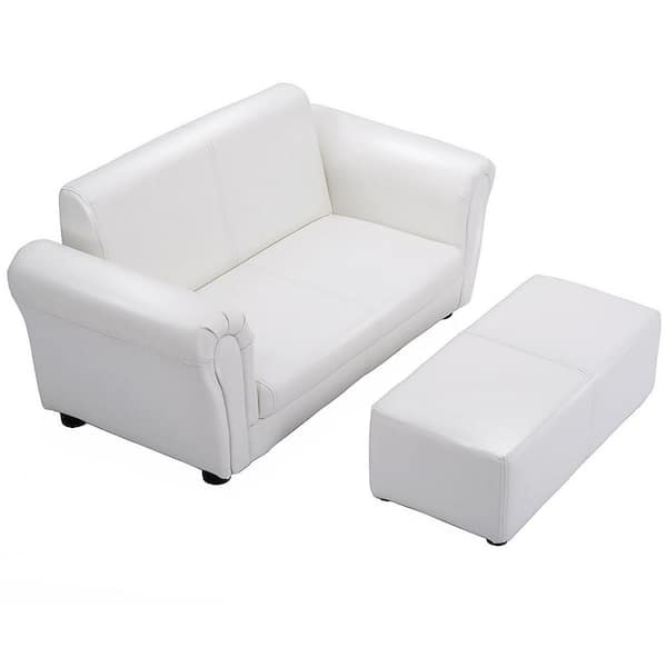 Costway White Faux Leather Upholstery Kids Arm Chair Kids Sofa Couch Lounge with Ottoman
