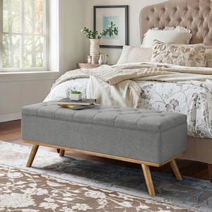 Pero Gray Fabric Upholstered Storage Bench Ottoman with Wood Frame Button Tufted End of Bedroom Bench